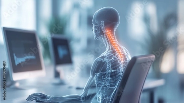 Fototapeta Anatomical illustration showcasing spinal health at a workstation, highlighting ergonomic desk setup to prevent neck pain and discomfort.