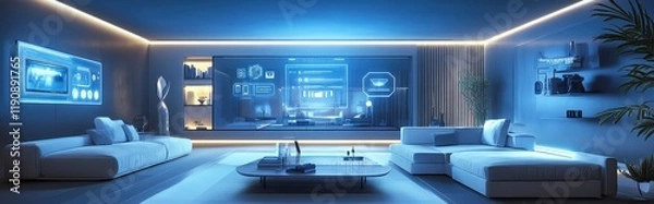Fototapeta Futuristic home office setup modern living space interior design high-tech environment wide angle view innovation and comfort