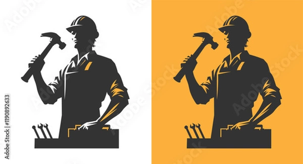 Fototapeta Industrial worker with hammer, construction workers symbol for labor day. Clean, bold, black vector artwork. Construction worker logo vector art. Worker construction for labor day.