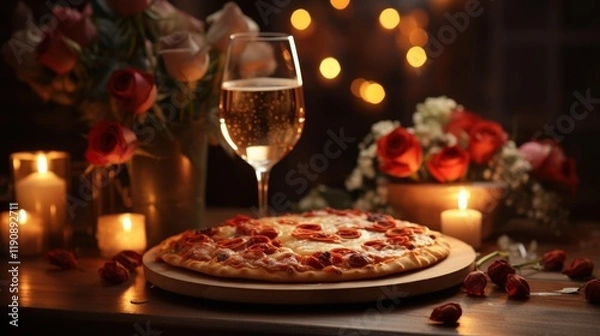 Fototapeta Romantic dinner setting featuring a delicious pizza surrounded by roses and candlelight, perfect for intimate gatherings or special occasions at home