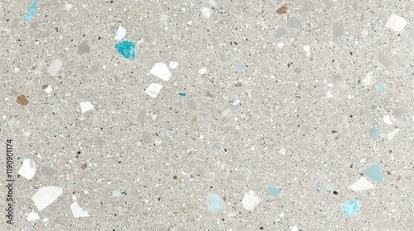 Fototapeta Elegant terrazzo surface showcasing a harmonious blend of gray, white, and soft blue fragments creating a serene, minimalistic aesthetic