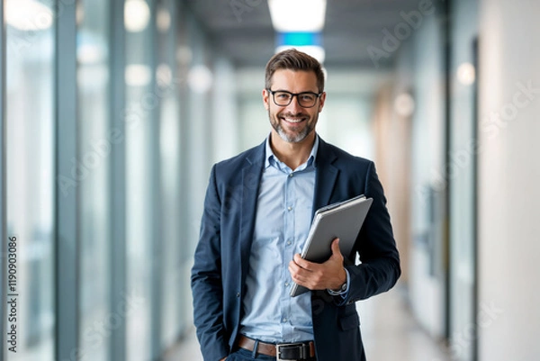 Fototapeta Businessman wearing glasses and holding a folder in a bright, modern office hallway. Expresses confidence, success, and professionalism in a professional work environment.