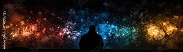 Fototapeta Silhouette Watching Vibrant Fireworks Display Over a Cityscape at Night