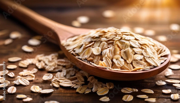 Fototapeta rolled oats on a wooden spoon with a blurred rustic background perfect for healthy and organic food themes