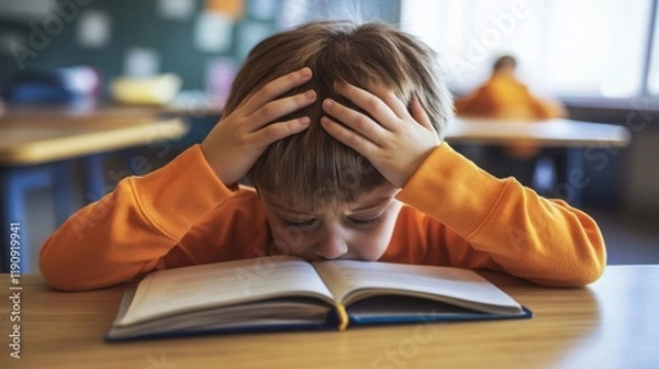 Fototapeta Young child facing challenges while studying in classroom, symbolizing perseverance and determination in overcoming academic difficulties.