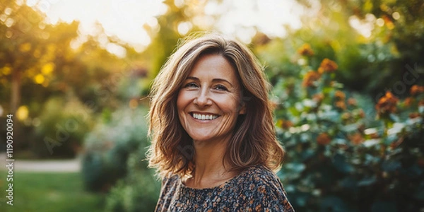 Fototapeta Smiling woman enjoying a sunny day in a garden