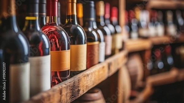 Obraz A beautifully arranged wine collection on rustic wooden racks in a dimly lit cellar, creating a timeless and warm atmosphere perfect for wine lovers