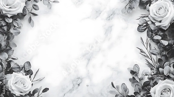 Obraz Monochrome Roses and Eucalyptus Frame Marble Background