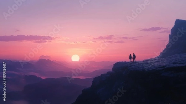 Fototapeta A calm and inspiring scene of two people on a mountaintop at sunrise, holding hands and watching the horizon, symbolizing personal growth, renewal, and the start of a new journey
