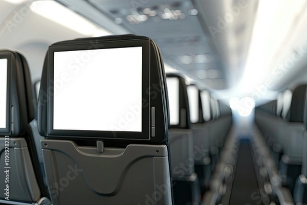 Fototapeta High Definition View of Mockup of Aircraft Monitor on Cabin in Passenger Seat Plane Interior
