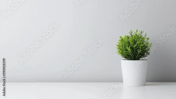 Fototapeta Minimal sleek theme concept. A small green plant in a white pot against a light gray background, creating a fresh and minimalist decor.
