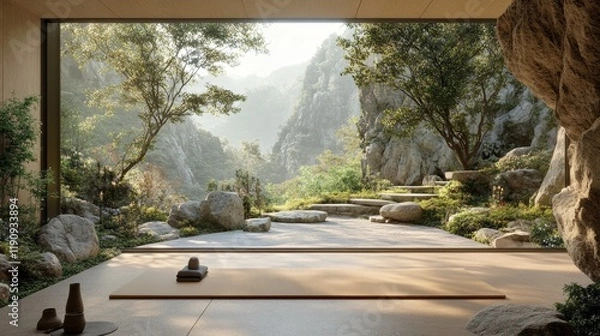 Fototapeta Open tropical yoga studio place with view outside to the beautiful garden with palm trees and ocean.