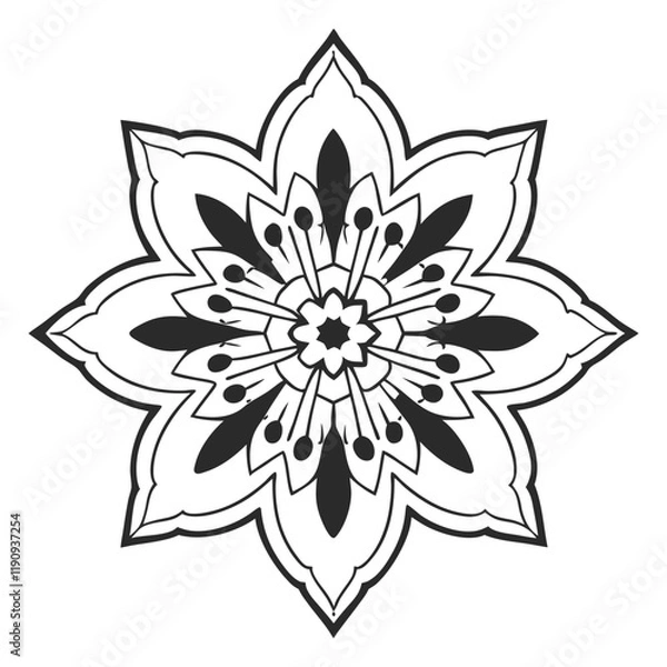Fototapeta A vector illustration of a mandala silhouette with a white background. The mandala has a circular pattern with multiple layers of interlocking geometric shapes, including triangles, squares, and circl