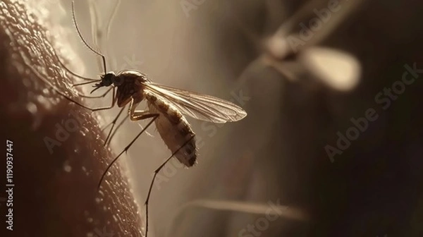 Fototapeta Close-up of a mosquito on skin. Learn about mosquito-borne diseases, prevention, and control for better health and safety.