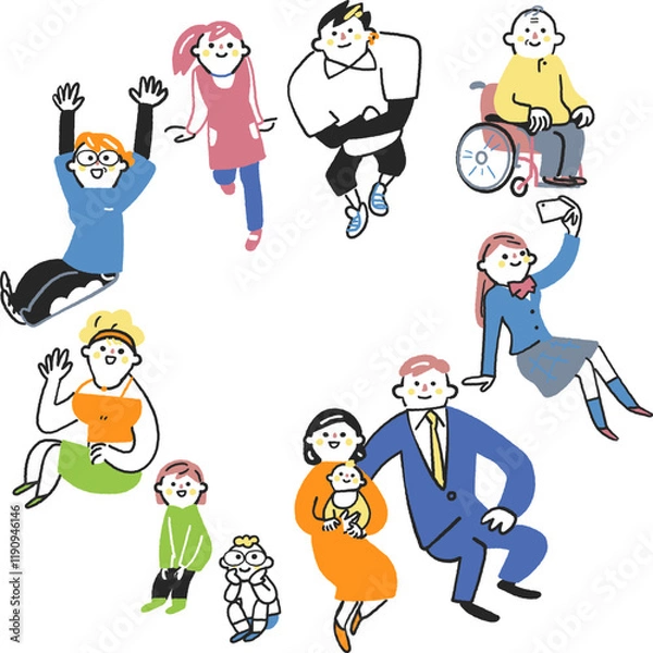 Obraz 円を描いて集まる様々な年齢やライフスタイルを持つ人々　セットのストックイラスト素材
