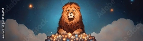 Fototapeta Celestial lion seated on a throne of meteors, stardust glowing around its regal figure