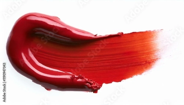 Fototapeta Red lipstick smear smudge swatch isolated on white background, cream makeup texture, color cosmetic product brush stroke swipe close up.