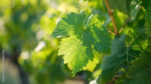 Fototapeta Close-up of a vibrant green grape leaf in a vineyard, showcasing its texture and natural beauty.