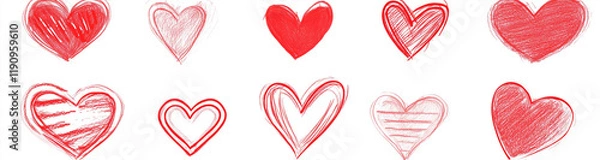 Fototapeta Vector Set of Red Heart Icons in Various Shapes, Love Symbols, Valentine's Day Elements, and Life Line Symbol on White Background.