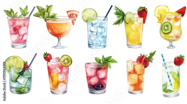 Fototapeta Refreshing summer cocktails and mocktails with vibrant colors and fruits