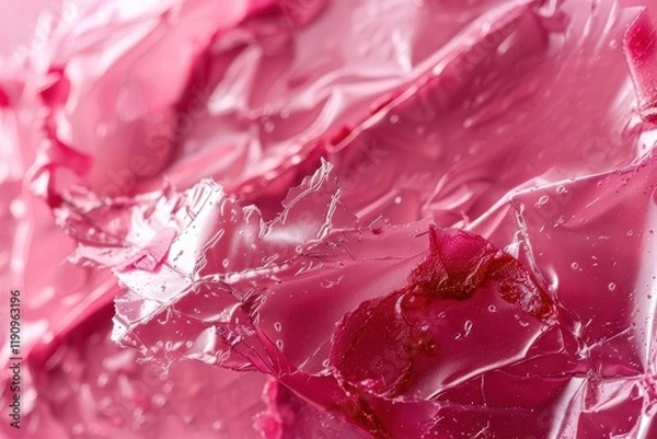 Fototapeta Close-up of glossy, pink gelatin with bubbles, showcasing texture and color.