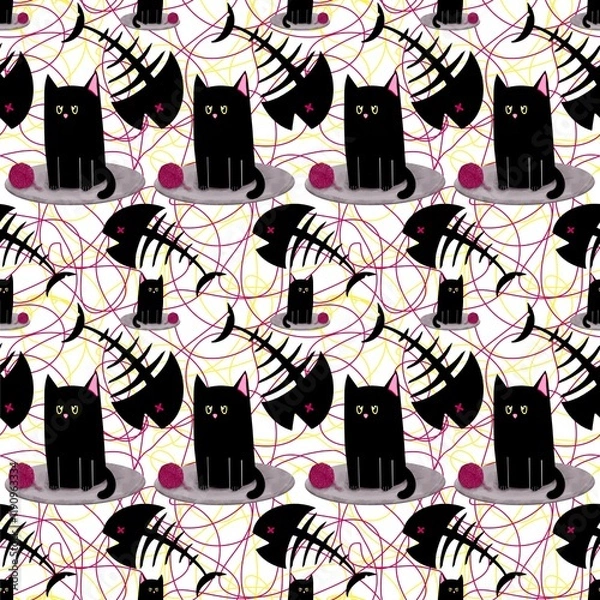 Fototapeta Childish black cat seamless repeating pattern with fishbone and ball on pink, yellow lines on isolated background. Illustration for print, fabric, packaging, blog decoration and other your project.