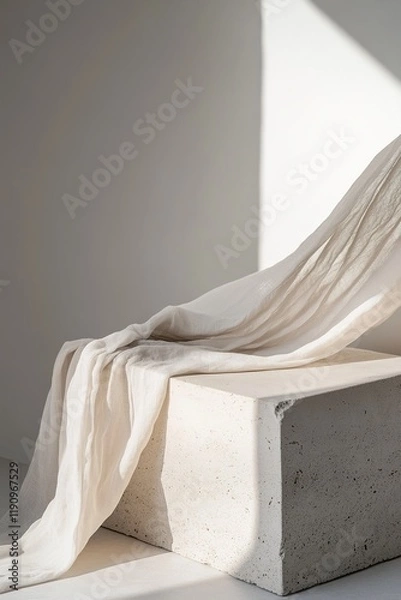Fototapeta Minimalist Nordic-style stone podium adorned with flowing linen drape against a soft, muted backdrop showcasing natural textures