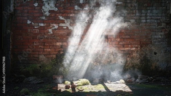 Fototapeta An ethereal white light bursts through a moss-covered red brick wall, scattering aged bricks and creating a dramatic, mystical scene of contrast