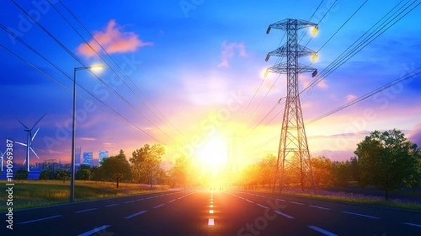 Fototapeta Scenic Sunset Highway: Power Lines, Wind Turbines & Renewable Energy