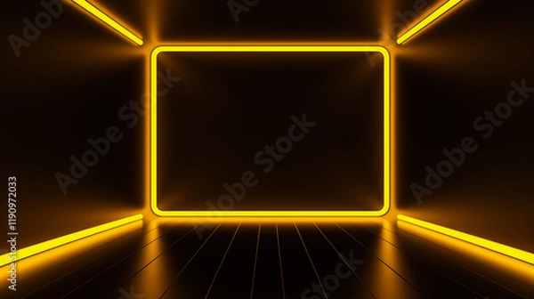 Fototapeta An empty room with a futuristic and dark design decorated with yellow neon.