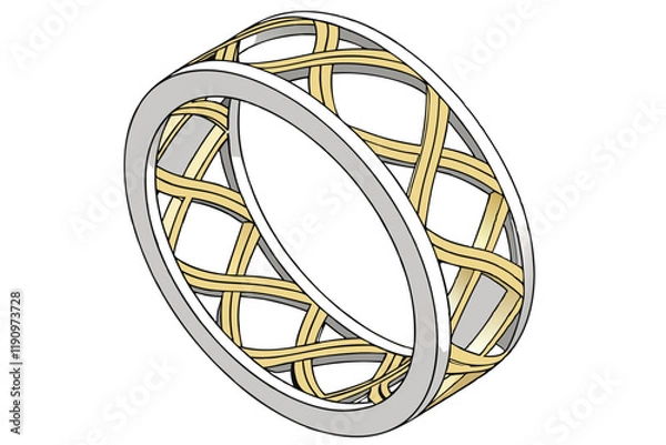 Fototapeta Circular metallic sculpture, golden and silver intertwined rings, optical illusion, abstract art, shiny reflective surface, precision engineering, futuristic design, minimalist geometric form, infinit