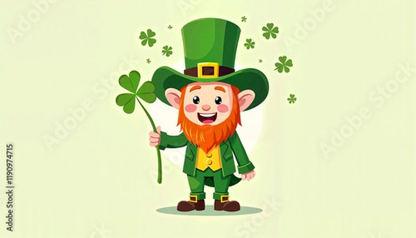 Fototapeta Cheerful leprechaun character in a green outfit holding a shamrock on a light background