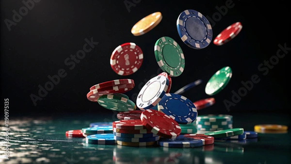 Obraz Dynamic Stack of Casino Chips Toppling Over Green Table