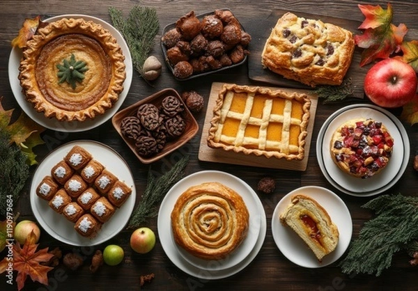 Fototapeta A Delicious Array of Autumn Desserts Featuring Pies, Pastries, and Assorted Treats Displayed on a Rustic Wooden Table Surrounded by Seasonal Decor
