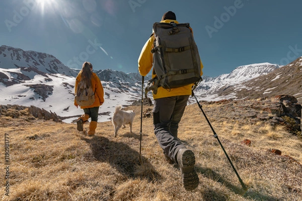 Fototapeta Travelers in bright clothes and backpacks walk with a dog through the mountains. People in bright clothes with a dog on the background of snowy mountains.