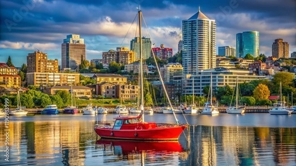 Fototapeta Red Sailboat on South Lake Union, Seattle - August 9th, 2019 Architectural Photography