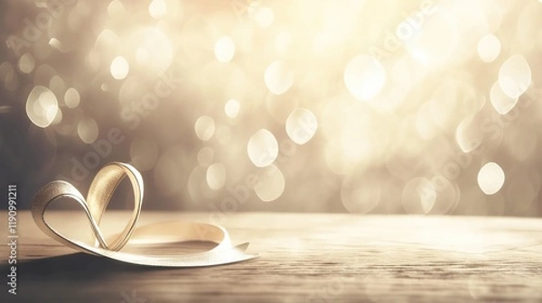Fototapeta Golden ribbon in heart shape on wooden surface, with dreamy bokeh background in warm tones, symbolizing love and celebration