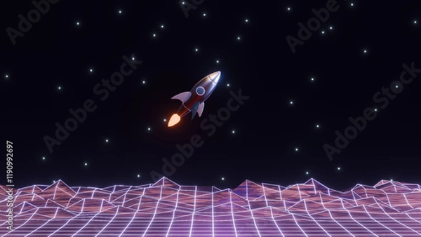 Obraz abstract 3d render illustration with cartoon retro rocket in outer space
