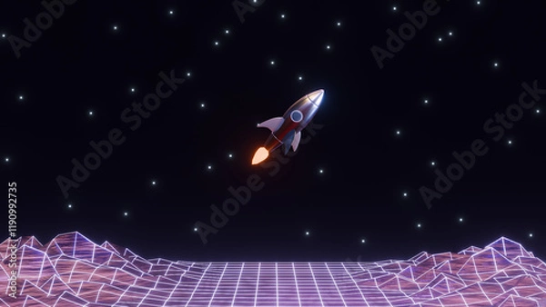 Obraz abstract 3d render illustration with cartoon retro rocket in outer space