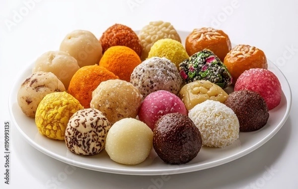 Fototapeta Assorted Indian Sweets on a White Plate Featuring Colorful and Mouthwatering Delicacies for Festive Occasions and Celebrations in a Traditional Style