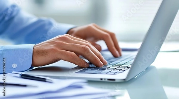 Fototapeta Close-Up of a Business Professional Typing on a Laptop – Modern Office Desk with Papers and Pen, Highlighting Productivity and Technology