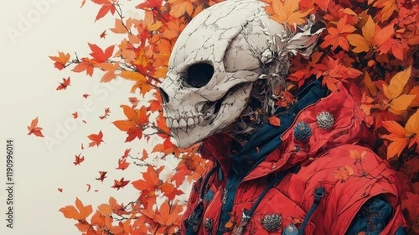 Fototapeta Skull with Autumn Leaves in Artistic Composition. Generative AI