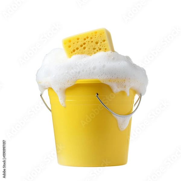 Fototapeta A yellow bucket with bubbles on top of soapy water and a green sponge on transparent png background