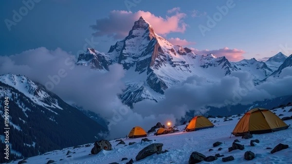 Fototapeta Snow-capped mountains embrace a serene tent camp at their base under a vibrant, deep-blue sky, creating an inviting winter haven