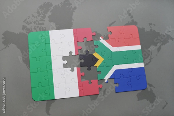 Fototapeta puzzle with the national flag of italy and south africa on a world map background.