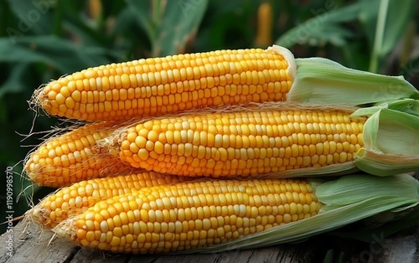 Fototapeta Fresh corn cobs harvested from a farm field, ready for consumption