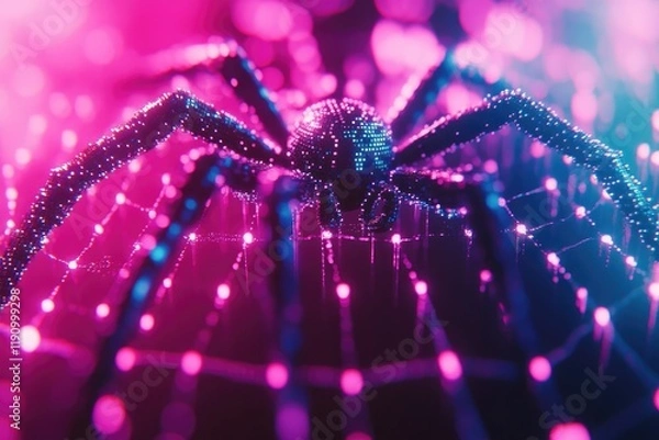 Fototapeta Neon Cyber Spider on Web: Futuristic Digital Arachnid in Vibrant Pink and Blue Glow