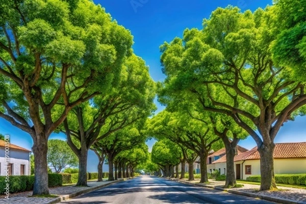 Fototapeta Sun-drenched Portuguese oaks frame a quiet summer street, their branches reaching towards a vibrant sky.