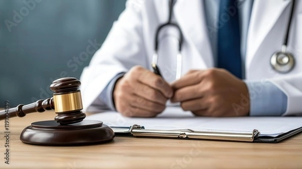 Fototapeta Doctor consulting a patient with legal documents on a desk, symbolizing healthcare and legal issues, compliance, and rights discussion