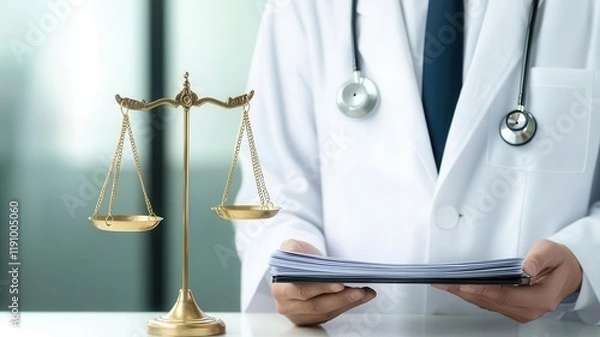 Fototapeta Doctor looking at medical files, with scales of justice in the background, focusing on patient rights and healthcare laws